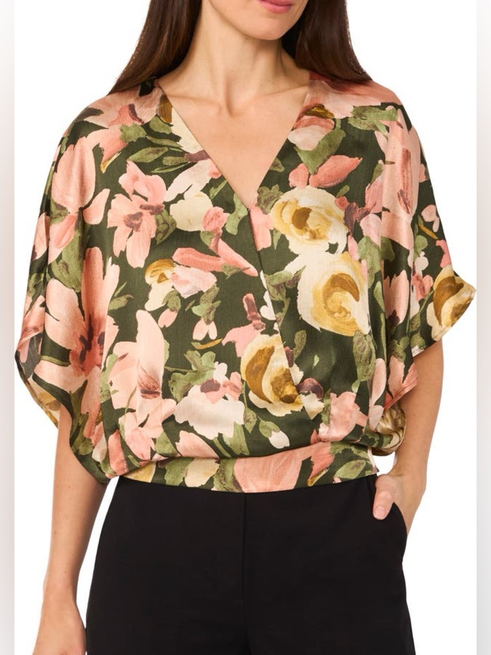 Faux Wrap Satin Top Halogen earthy floral size medium